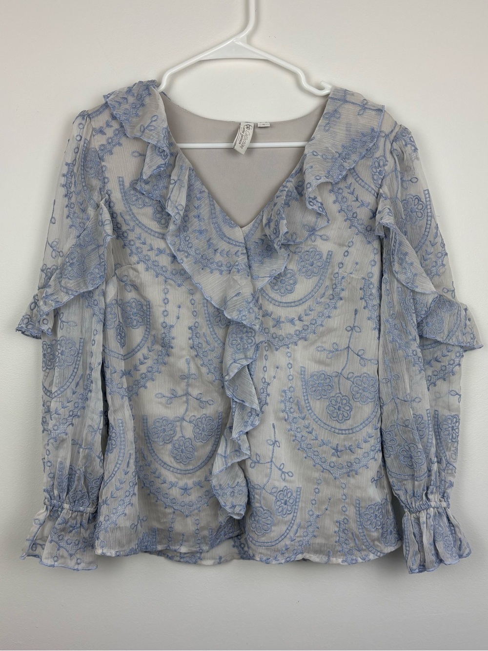 Fairycore Light Blue Ruffle V-Neck Poet Blouse Size Small Like New Dainty Whimsy